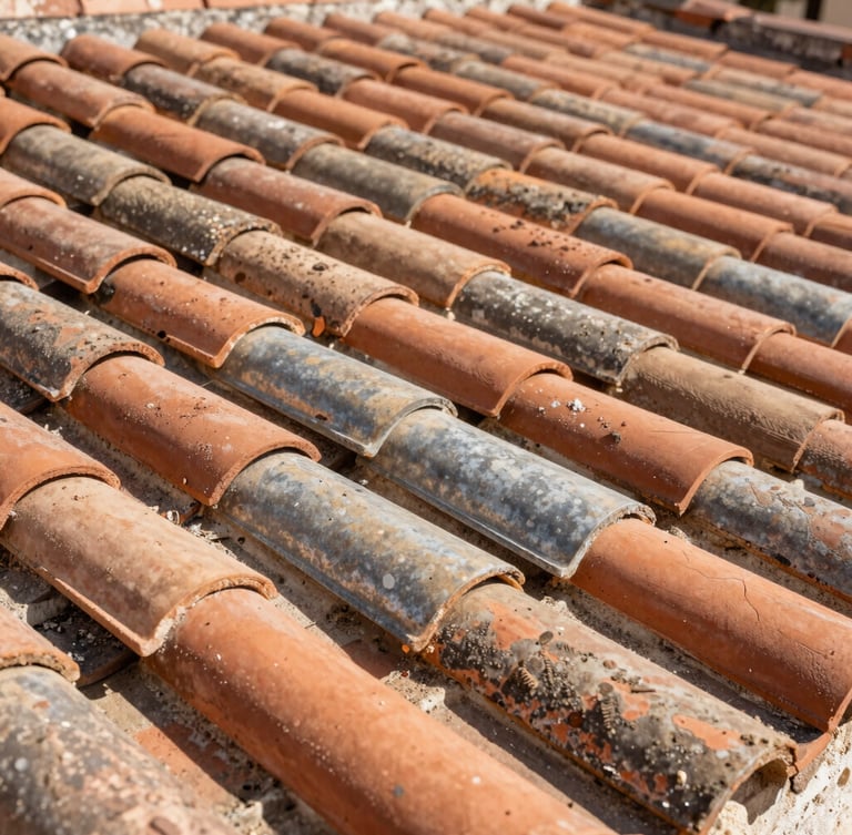 Close-up of weathered terracotta tiles being laid on a historic roof, warm Mediterranean sunlight, high contrast shadows, sharp details, 35mm