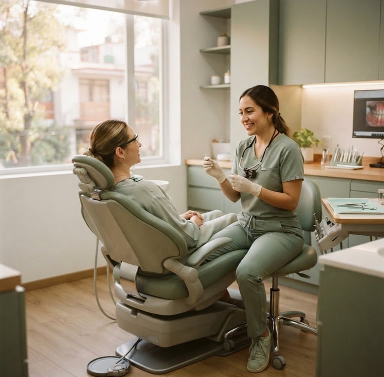 Warm editorial photography of a sunlit dental clinic interior in Tlalpan, soft natural window light, muted sage and ivory tones, comfortable modern dental chair, 35mm lens