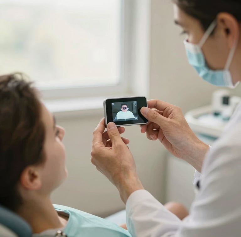 Warm editorial photography of gentle hands-at-work, a dentist showing digital intraoral camera results to a relaxed patient, soft daylight, shallow depth of field