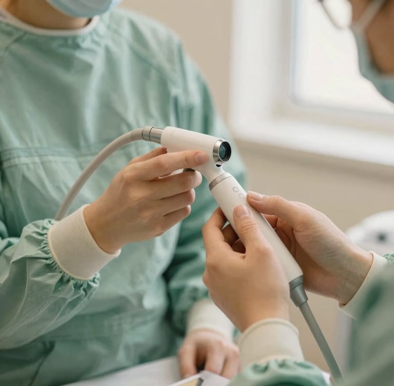 Hands of a dentist in soft green scrubs holding a modern intraoral camera, gentle warm lighting, clinical but serene environment, close-up editorial