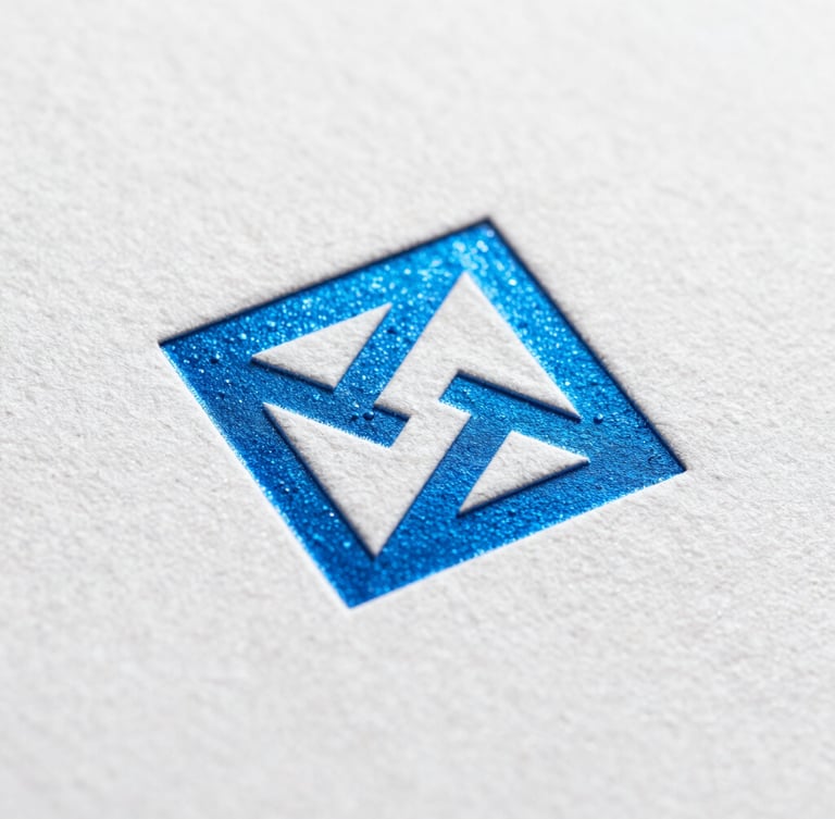 Macro overhead studio shot of textured heavy cardstock with a sharp debossed geometric graphic mark in metallic blue foil, crisp side lighting, clean shadows
