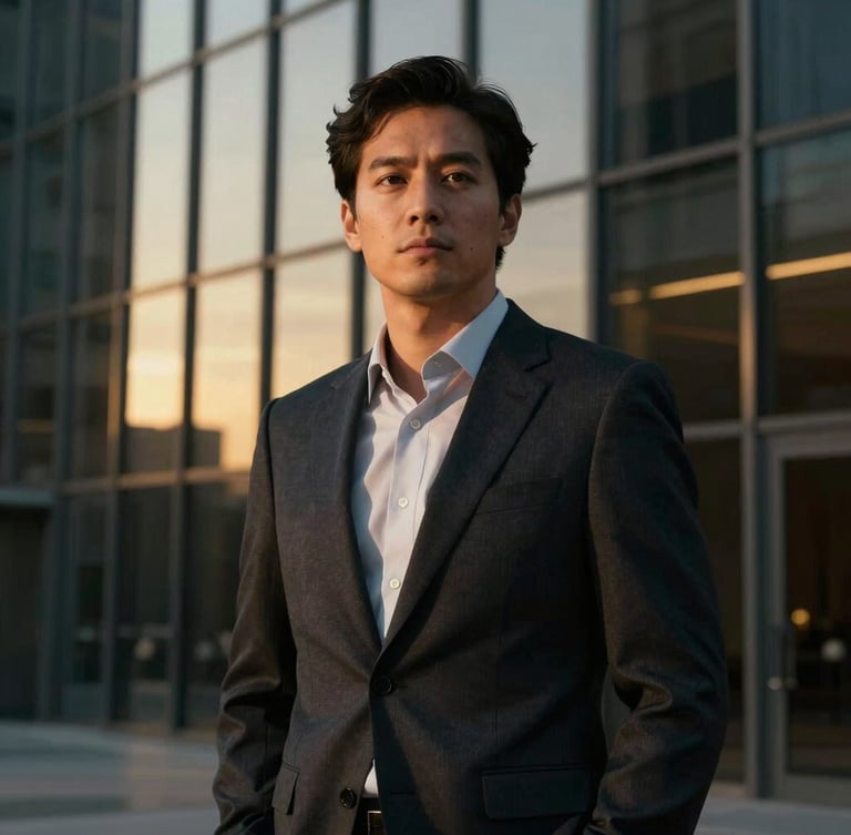 Low-key dramatic portrait of a visionary developer in a tailored dark suit, golden hour light reflecting off architectural glass in the background, sharp focus, cinematic luxury.