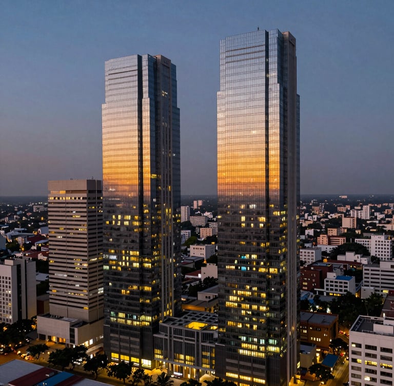 Cinematic twilight drone shot of high-rise luxury glass towers in Gachibowli Hyderabad, golden interior lights reflecting on sleek facades, expansive dark sky