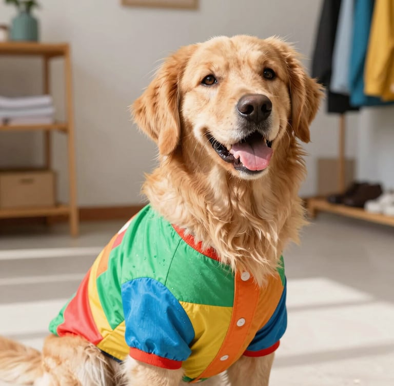 Bright joyful pet photography, a happy golden retriever wearing a colorful custom shirt, natural daylight, warm Celaya workshop background, eye-level angle.