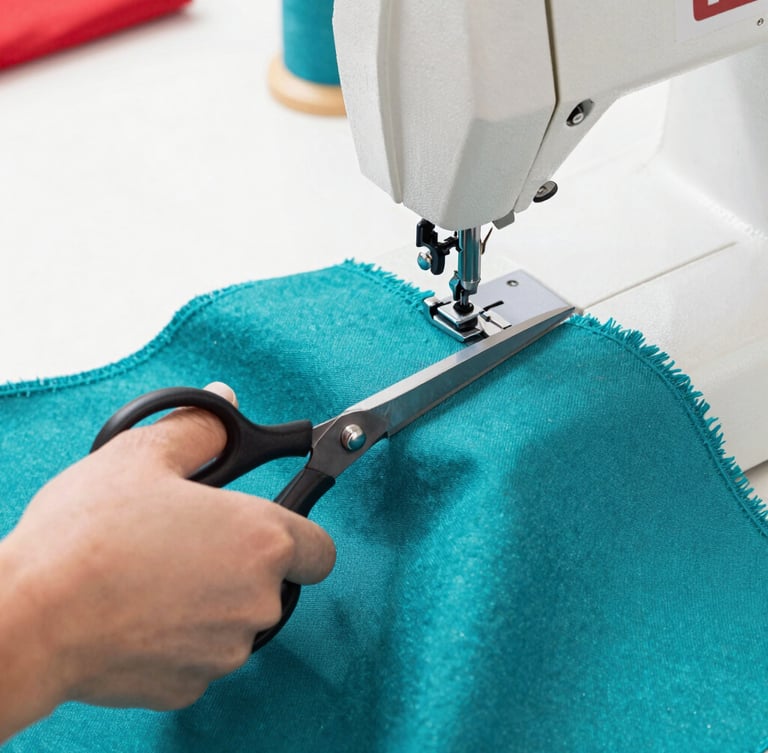 Close-up of hands cutting vibrant teal fabric with tailoring scissors, sewing machine in a bright sunlit Celaya workshop, detailed texture of high-quality textiles.