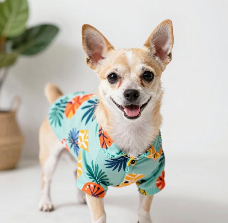 A happy small dog wearing a colorful tropical print pet shirt, looking directly at the camera, bright natural daylight studio setting, shallow depth of field.