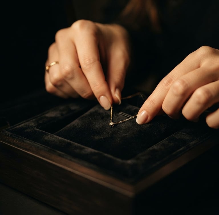 Hands carefully placing a delicate gold necklace into a luxurious velvet-lined jewelry box, soft golden light, dark background, macro lens, shallow depth of field.