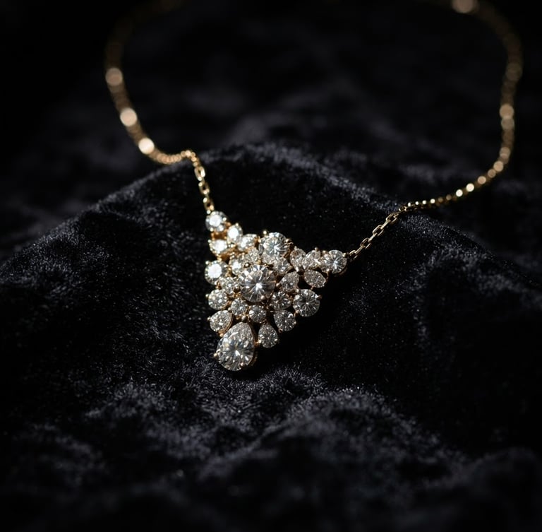 Close-up macro shot of an elegant diamond necklace on a dark velvet backdrop, dramatic low-key lighting, deep black and gold tones, macro lens, shallow depth of field, catching light on the facets.