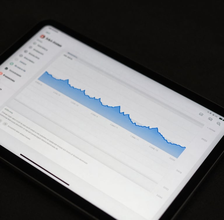 Close-up of a high-contrast dark mode analytics interface on a physical tablet screen, sharp shadows, cool natural light, clean Swiss layout.
