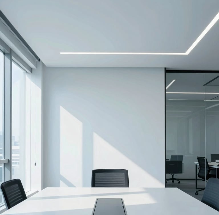 Modern minimal corporate office boardroom in Dhaka, high-key daylight, sharp architectural lines, cool blue and white tones, 35mm