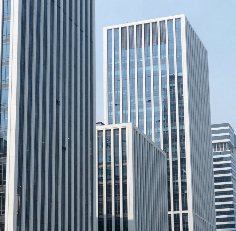 High-contrast architectural photograph of Dhaka's modern business district, clean lines, bright daylight, cool blue tones, 35mm