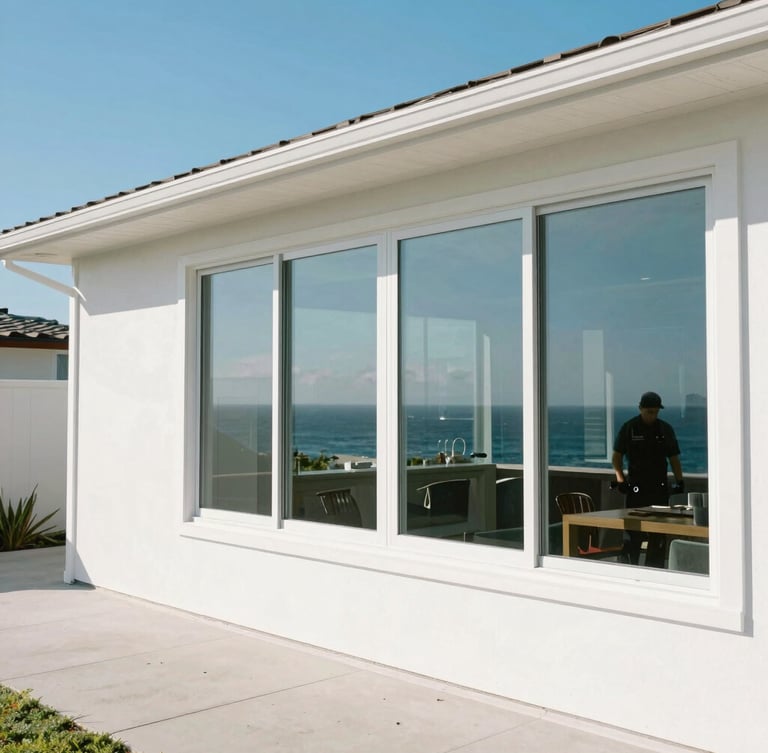 A bright, sun-drenched wide shot of a modern coastal home in Orange County with sparkling clean windows reflecting a clear blue sky, crisp white trim, and a professional uniform-clad technician visible in the distance.