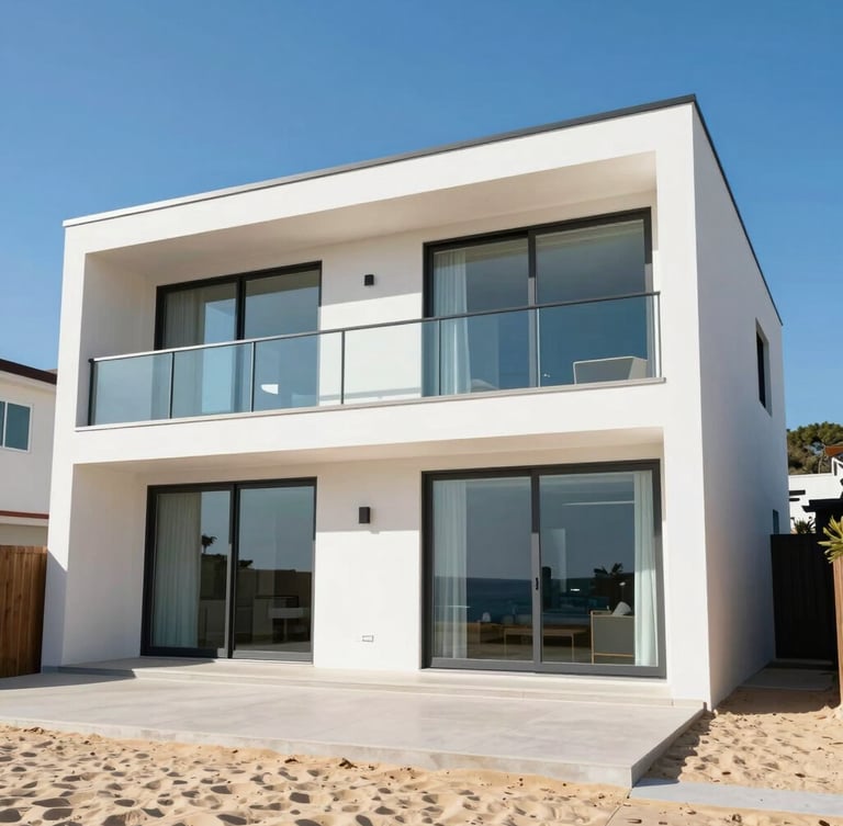 Wide shot of a beautiful modern beach house with gleaming clean windows under a bright blue sky