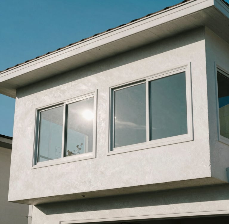 Bright Southern California sunshine reflecting off pristine windows of a coastal home, clean architectural lines, blue sky, wide crop.