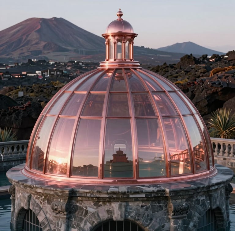 Close-up of the historical Belle Époque dome of the La Bourboule thermal baths, rose gold morning light reflecting on the stone and glass, volcanic mountains in the soft-focus background.