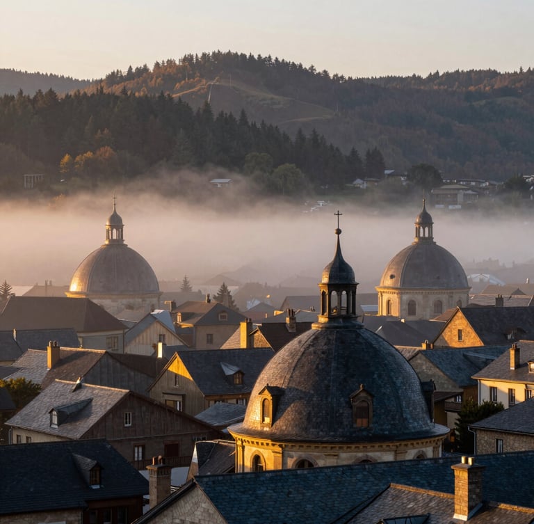 Wide panoramic shot of La Bourboule thermal town at sunrise, historic domes rising through soft morning mist, the forested slopes of the Massif du Sancy in the background, golden light hitting the slate roofs.