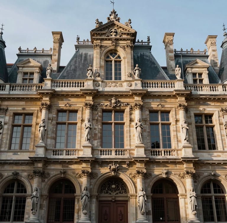Façade majestueuse de l'Hôtel de Ville de La Bourboule à l'architecture Belle Époque, détails de pierre volcanique sombre et ornements sculptés sous une lumière douce de fin d'après-midi d'automne.