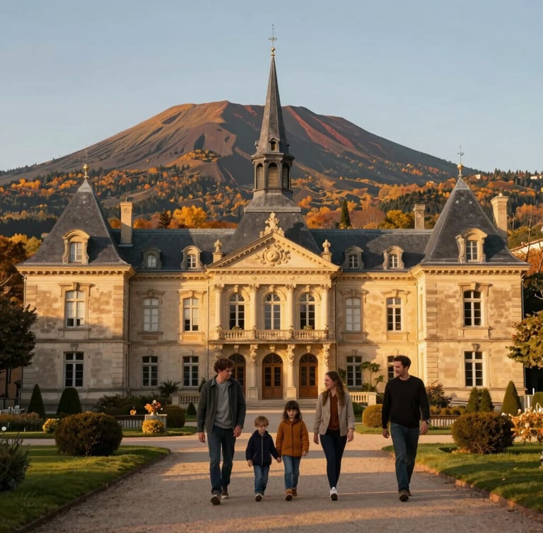 Wide panoramic shot of a young family walking through the historic Parc Fenestre in La Bourboule, majestic Belle Époque architecture and volcanic peaks of Sancy in the background, warm golden hour autumn light.
