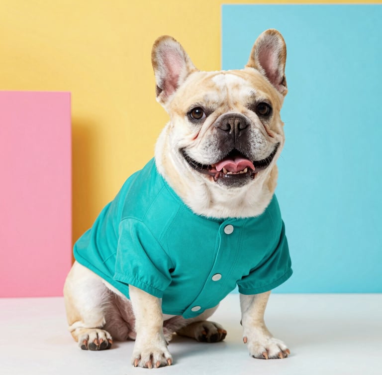 A happy, chubby French Bulldog wearing a vibrant custom-tailored teal shirt, sitting comfortably in a bright studio, eye-level shot, 50mm.