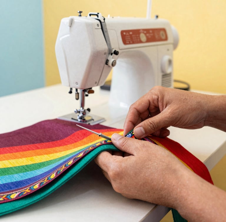 Hands of a Mexican artisan carefully cutting colorful fabric in a brightly lit workshop in Celaya, sewing machine visible in the soft background, warm daylight, 50mm