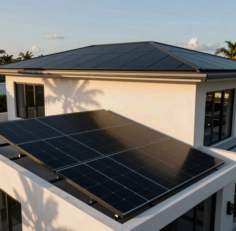 Wide architectural elevation of a minimalist luxury Florida estate at golden hour, featuring a seamlessly integrated, flush-mount all-black monocrystalline solar array with zero visible conduits, dramatic shadows.