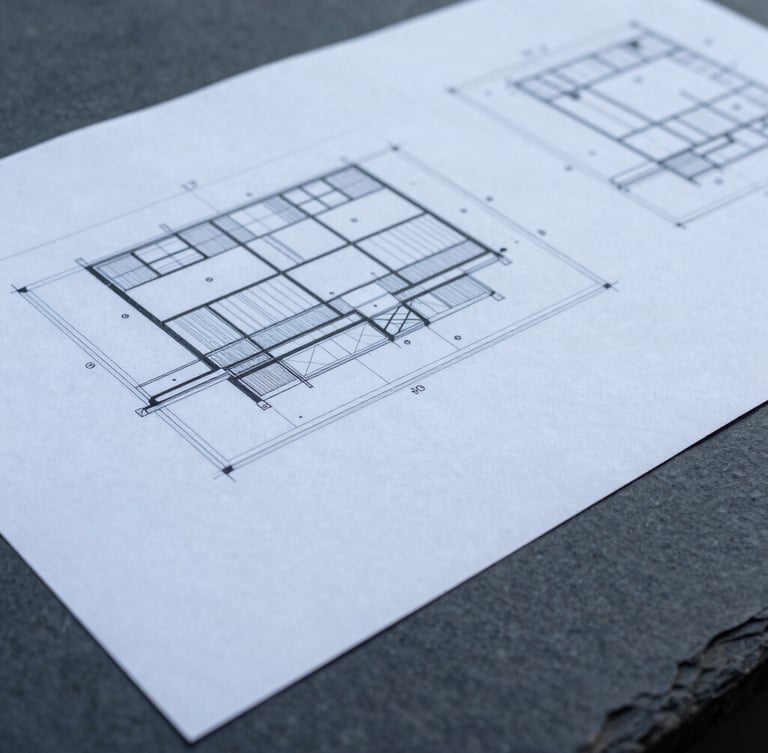 Extreme close-up of international planning documents and architectural blueprints on a slate table, cool overcast daylight, desaturated blue and charcoal tones, sharp focus