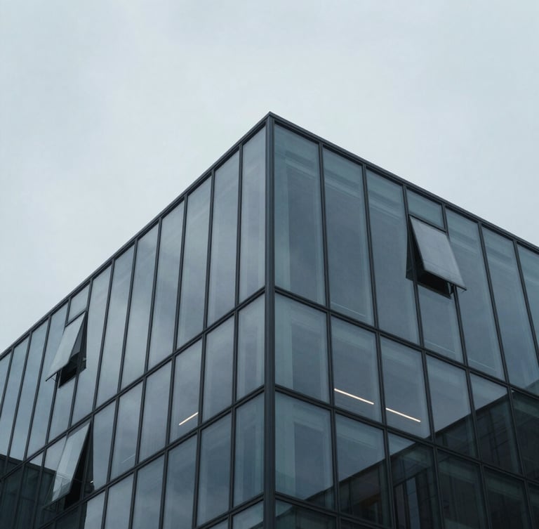 Extreme close-up of architectural blueprints and structural glass reflections, cool overcast daylight, desaturated blue and charcoal tones