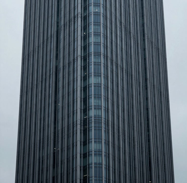 Minimalist architectural crop of high-end corporate skyscraper corner, sharp geometric lines against cool overcast daylight, desaturated blue and charcoal tones.