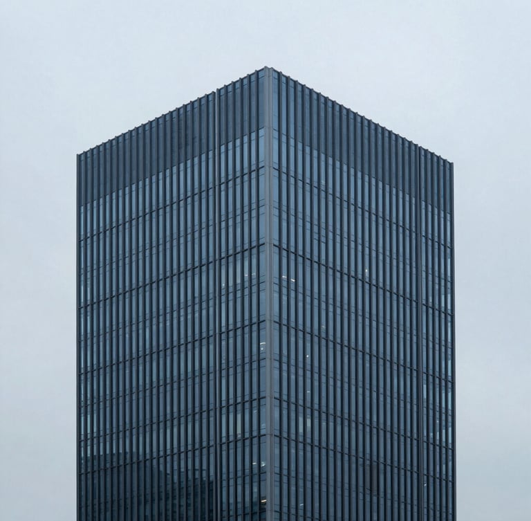 Minimalist architectural photography of a modern high-end corporate headquarters in cool overcast daylight, desaturated blue and charcoal tones, sharp focus, architectural wide-angle