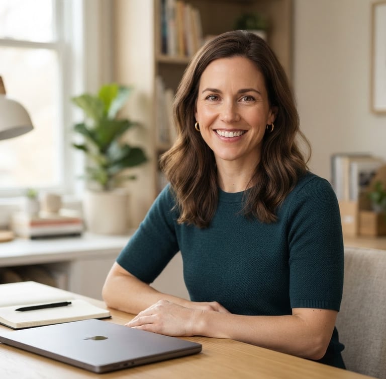 A professional female tutor in a clean, daylight-filled home office, smiling directly at the camera as if on a high-definition video call, soft natural lighting, neutral background, shallow depth of field