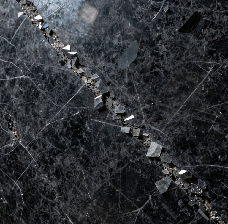 Extreme close-up of a raw dark quartzite slab with deep crystalline veins, polished surface reflecting sharp studio light, architectural minimalist aesthetic.