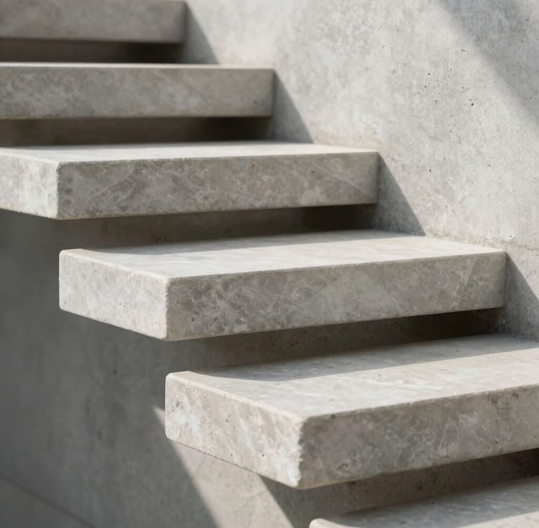 Extreme close-up of a minimalist floating stone staircase made of white quartzite, sharp mitered edges, hard directional side lighting casting geometric shadows on a concrete wall.