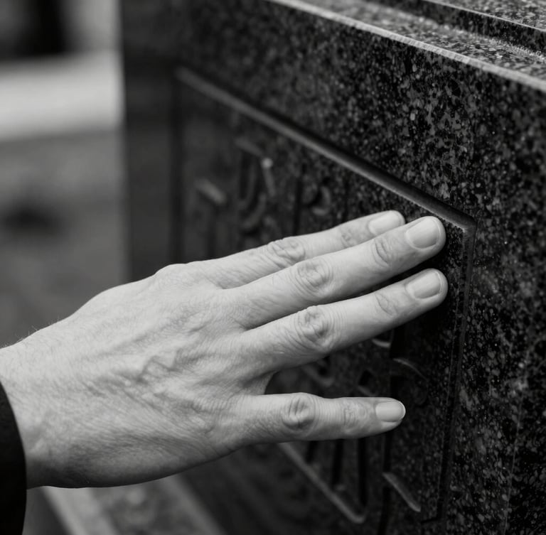 Detailed close-up of a hand gently tracing the carved edge of a black granite funeral plaque, high contrast black and white, soft focus background