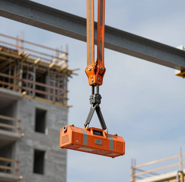Close-up of high-visibility orange crane rigging and steel beams being hoisted on an active Sint-Maarten residential construction site under bright daylight