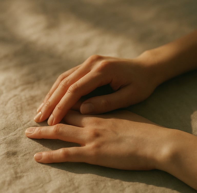 Minimalist fine art photography of hands in repose on a soft beige linen cloth, warm natural afternoon sunlight casting soft shadows, muted olive tones, shallow depth of field, 35mm