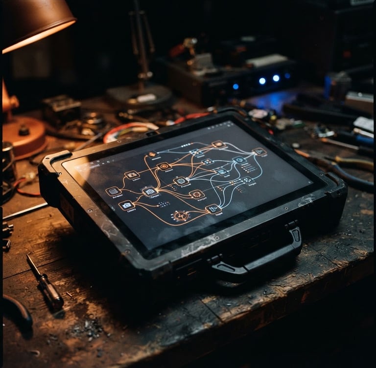 Close-up of a rugged tablet showing node-based workflow diagrams resting on a wooden workbench in a modern workshop, warm orange accent lighting, dark editorial photography, 35mm