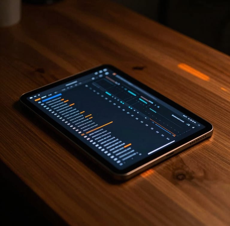 Sleek tablet screen on a clean wooden desk showing active database connections, moody low-key lighting with sharp orange light leaks, dark editorial style, 35mm