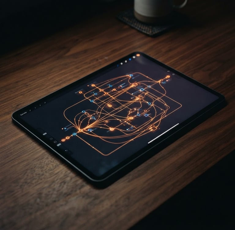 Sleek tablet screen on a clean dark wooden desk showing a node-based workflow diagram with subtle glowing orange connections, dark editorial photography, low-key lighting, 35mm