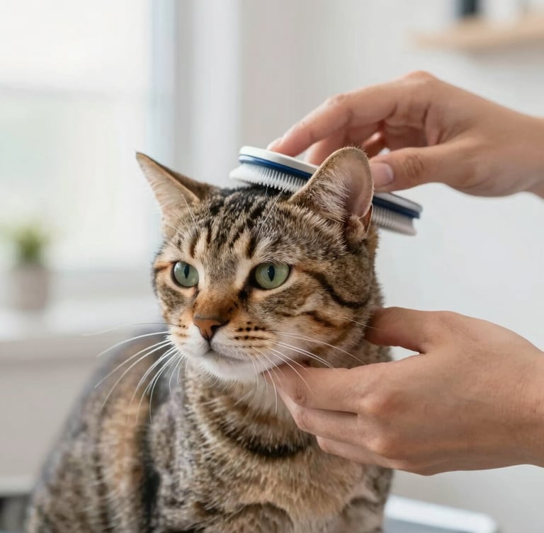 Close-up of gentle hands carefully brushing a relaxed tabby cat in a bright, clean pet salon, soft diffused daylight, shallow depth of field