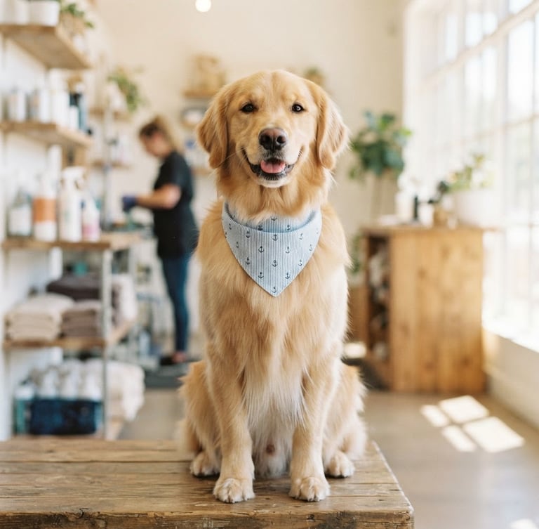 A calm, freshly groomed golden retriever sitting happily in a bright, sunlit salon, soft natural daylight, shallow depth of field, 35mm