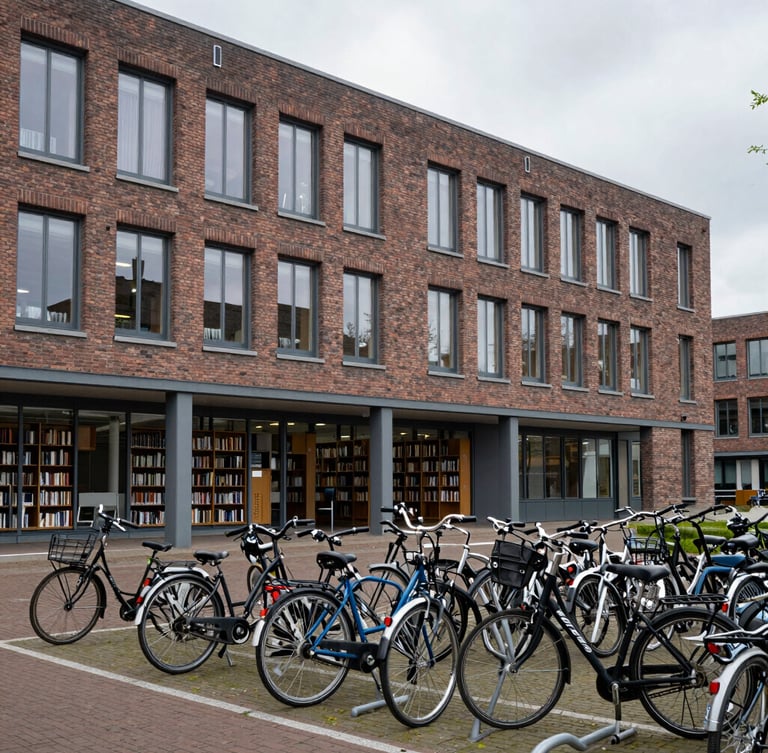 A clean, modern Dutch university campus library with brick architecture, large windows letting in bright overcast northern European daylight, and rows of bicycle racks in the foreground.