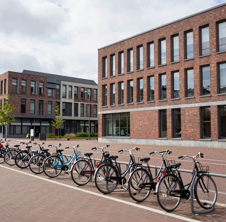 Wide environmental shot of a modern brick university campus in Utrecht with bicycle racks in the foreground, bright overcast northern European daylight, clean architectural lines.