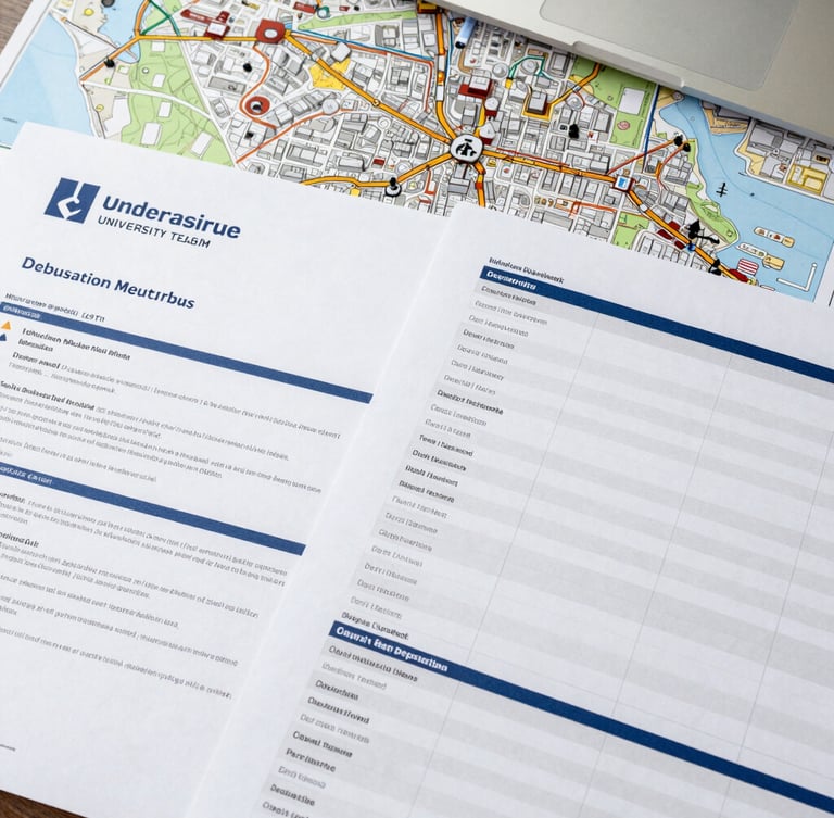 Clean, top-down desk layout with official Dutch university application documents, a physical map of Utrecht, and a structured timeline checklist under bright, overcast northern European daylight.