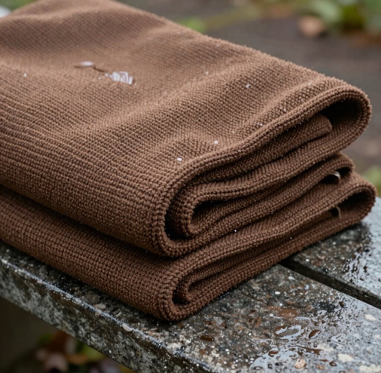 Close-up of folded waterproof knitted blankets on a damp stone bench, wet-look post-rain sheen, overcast natural daylight, rich damp earth tones, 35mm