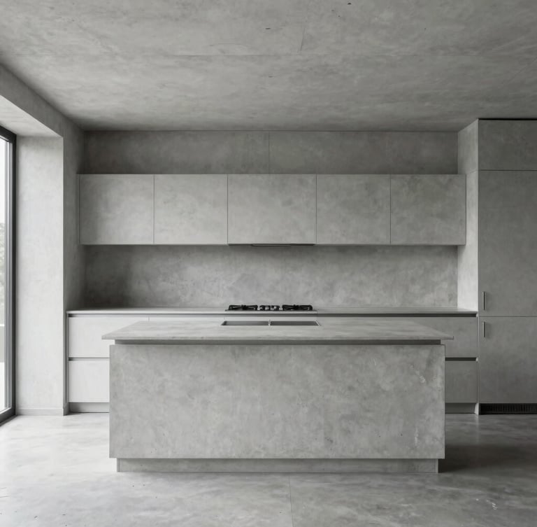 Architectural interior photography, crisp natural daylight, cool desaturated tones, wide-angle lens, symmetrical composition, sharp focus, minimalist kitchen with clean concrete surfaces and natural side lighting