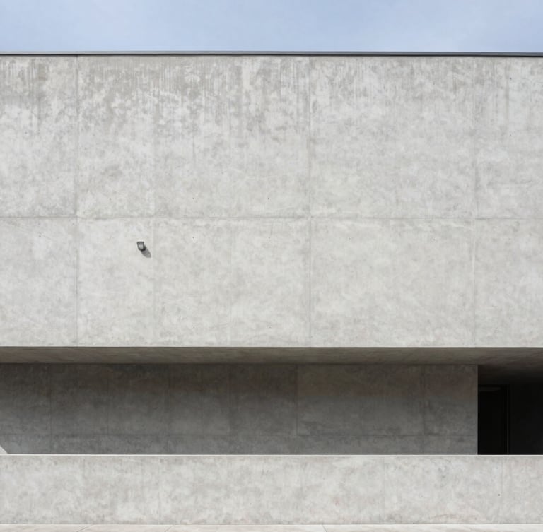 Architectural photography of a modern minimalist concrete building facade, crisp natural daylight, cool desaturated tones, wide-angle lens, symmetrical composition, sharp focus