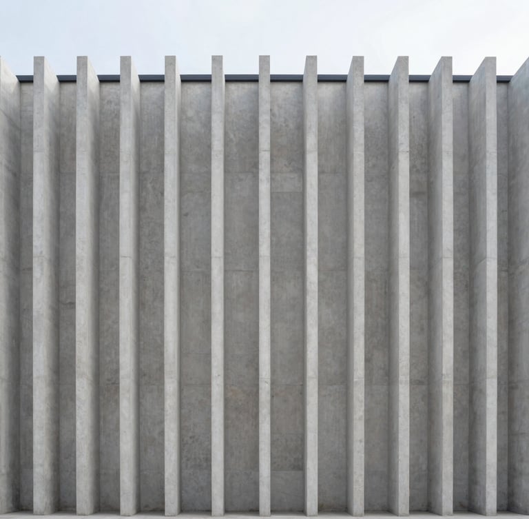 Symmetrical architectural photography of a minimalist concrete building facade under cool overcast daylight, sharp vertical lines, clean perspective, sharp focus.