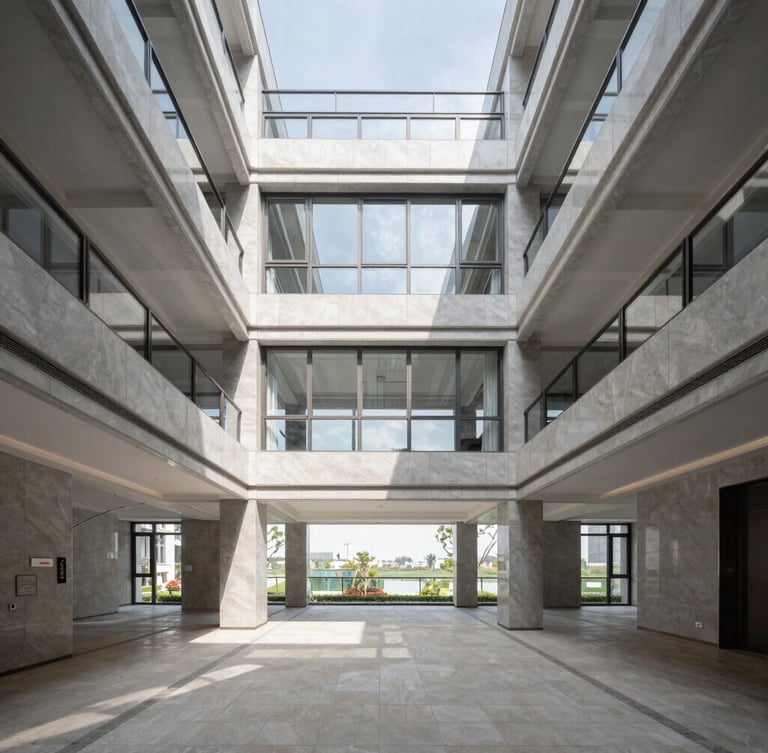 Architectural photography of a luxury apartment interior, crisp natural daylight, cool desaturated tones, wide-angle lens, symmetrical composition, sharp focus