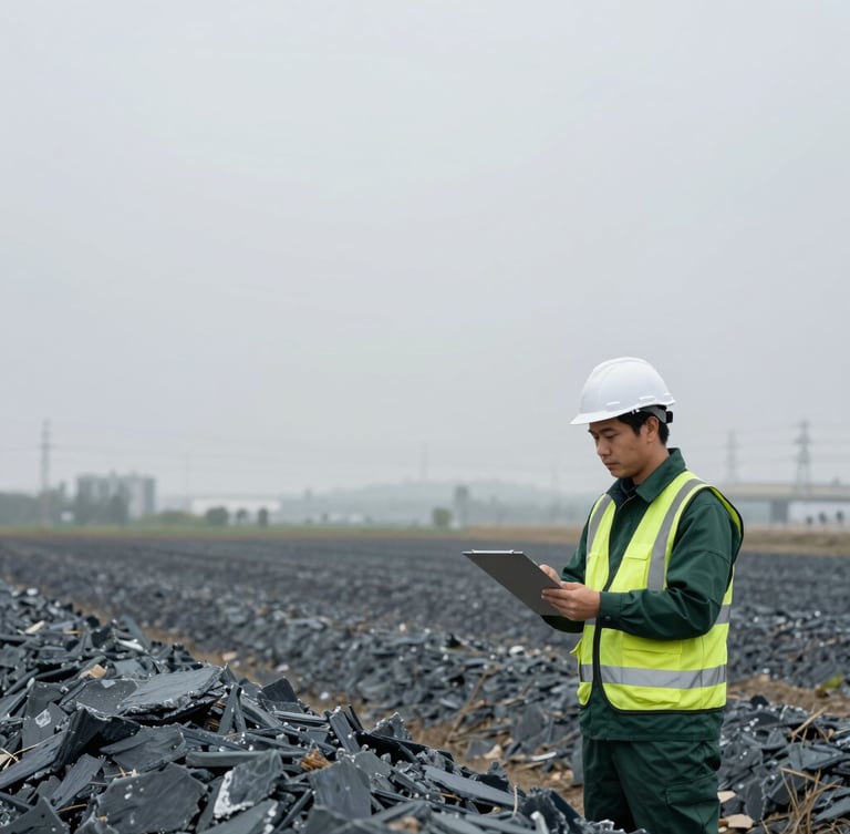Professional environmental engineer in high-visibility gear conducting field assessments, cool overcast daylight, desaturated slate and deep green tones, high detail