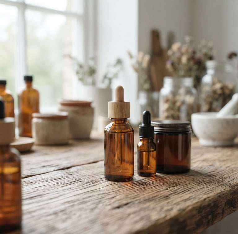 bright editorial photography, soft diffused daylight, clean product bottles resting on natural wood in a bright workshop, muted sage and earth tones, serene